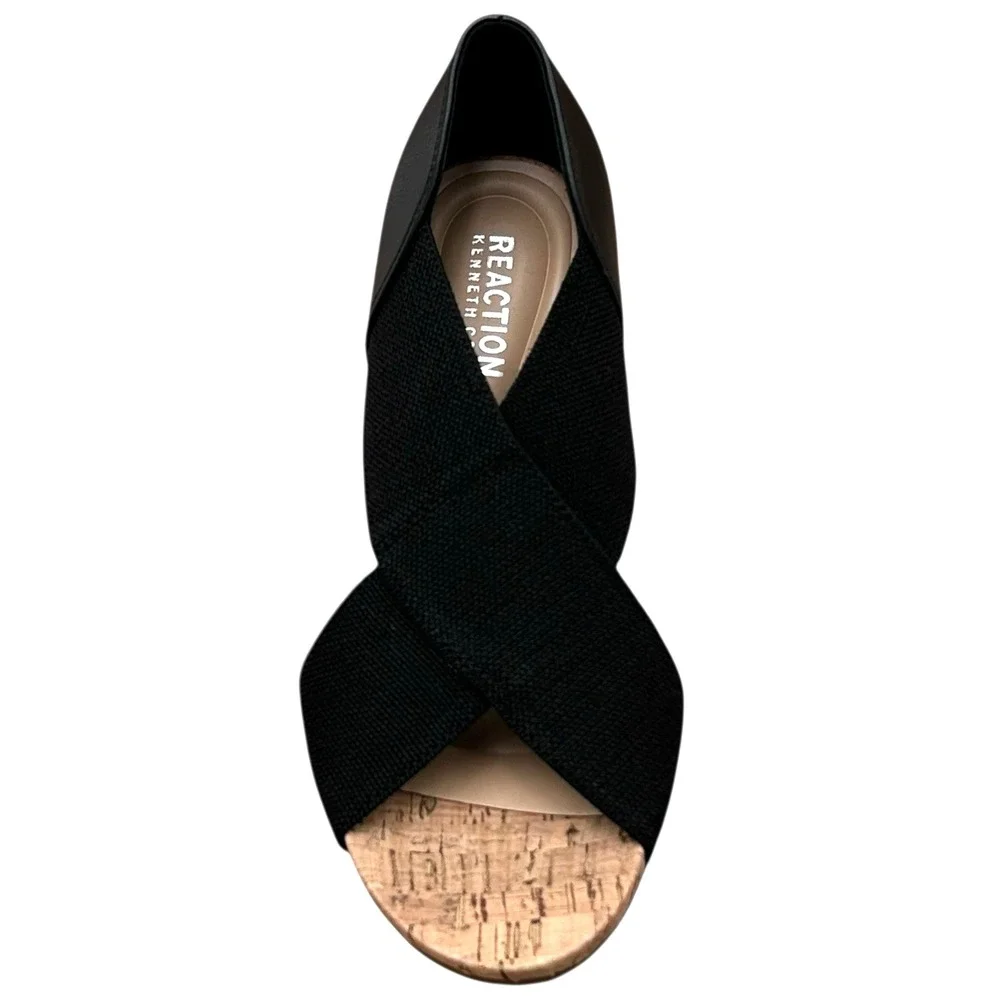 Kenneth Cole Gelena Women's Stretch Cork Wedge‎ Sandal Size 9 Black-Tan Open Toe